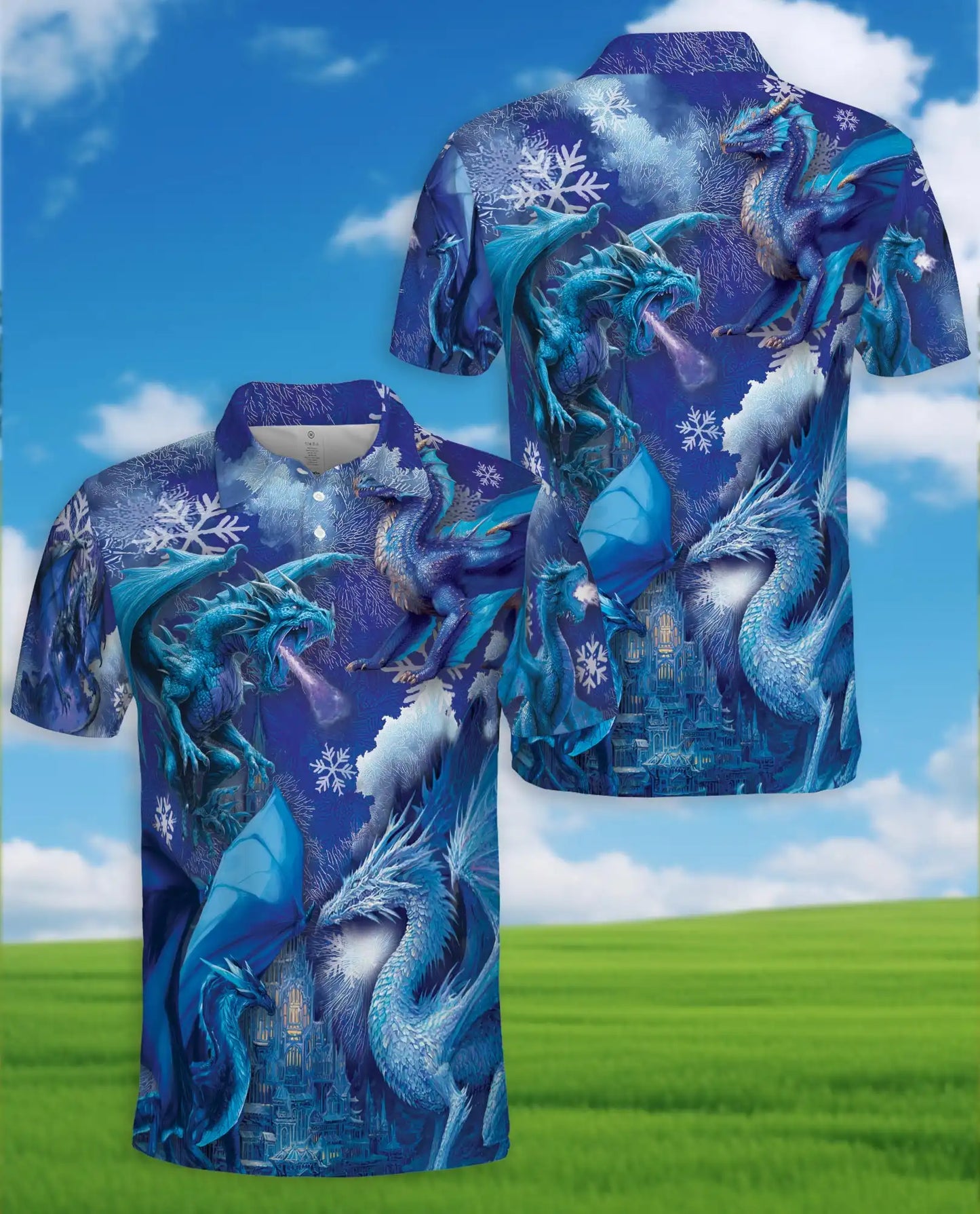 Blue Ice Dragon Polo Shirt for Men, Winter Fantasy Design | Azhawaiian