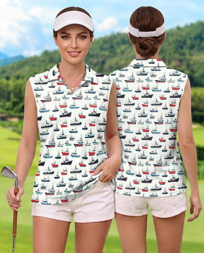 Fishing Boat Sleeveless Polo Shirt for Women | Azhawaiian