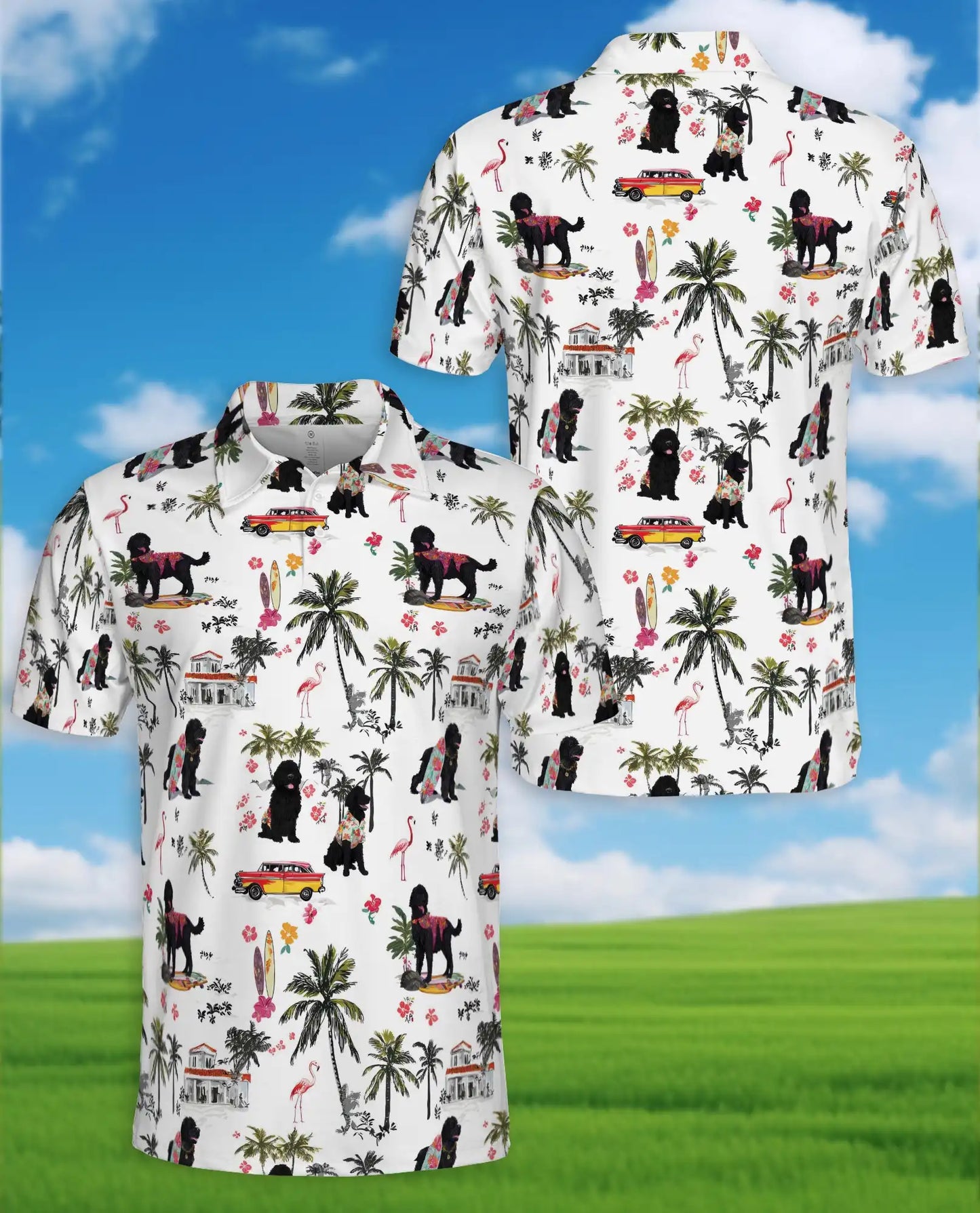 Black Poodle Tropical Beach Polo Shirt for Men- Print Hawaiian Dog  | Azhawaiian