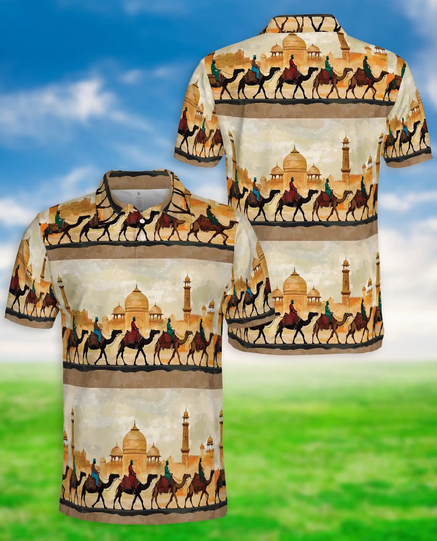 Camel Caravan Desert 3D Polo Shirt for Men, Middle Eastern Travel Style | Azhawaiian
