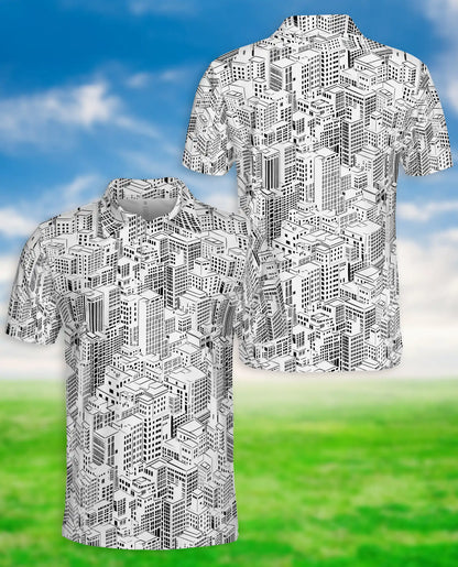 Black & White Cityscape Polo Shirt, Urban Skyline Pattern | Azhawaiian