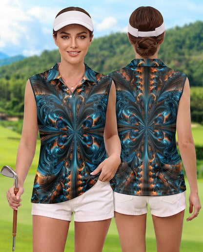 Fractal Art Pattern Sleeveless Polo Shirt for Women | Azhawaiian