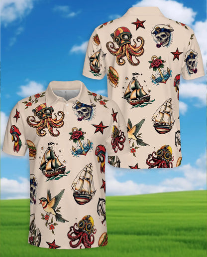 Pirate Tattoo Polo Shirt - Nautical Skull Octopus Sailor Design | Azhawaiian