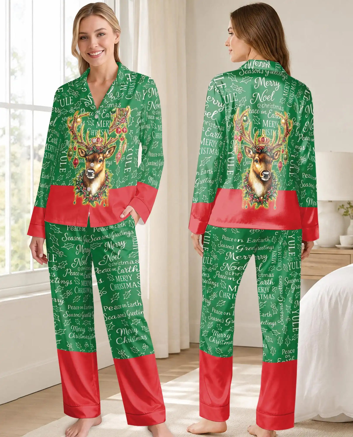 Reindeer Christmas Pajama Set for Women, Classic Holiday Sleepwear