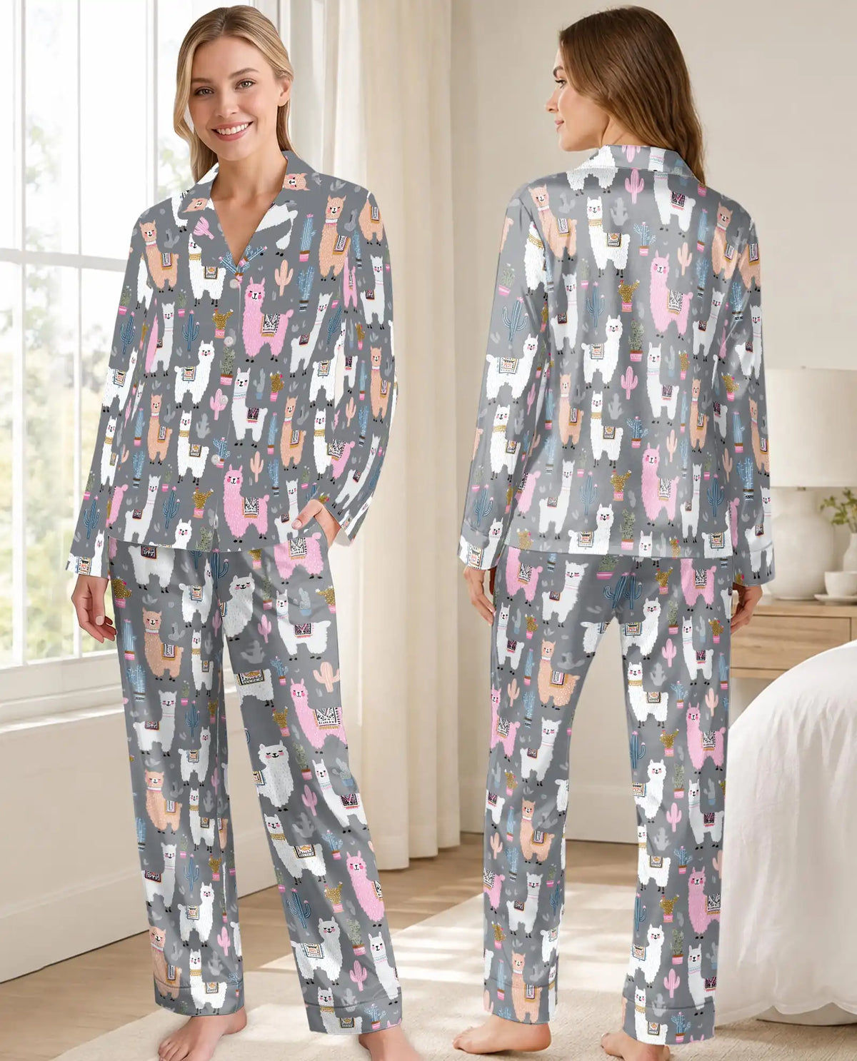 Cute Llama Pajama Set for Women – Pastel Alpaca & Cactus Print
