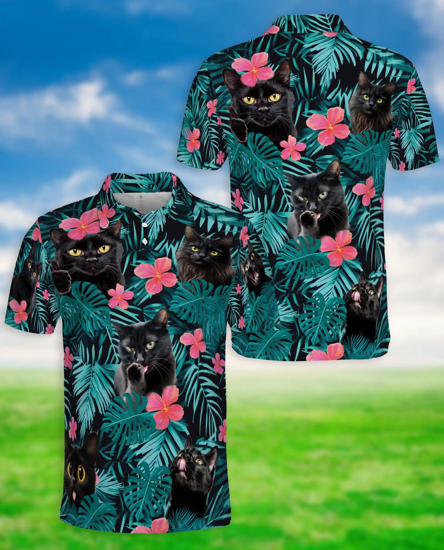 Black Cat Tropical 3D Polo Shirt for Men, Funny Floral Kitty Style | Azhawaiian