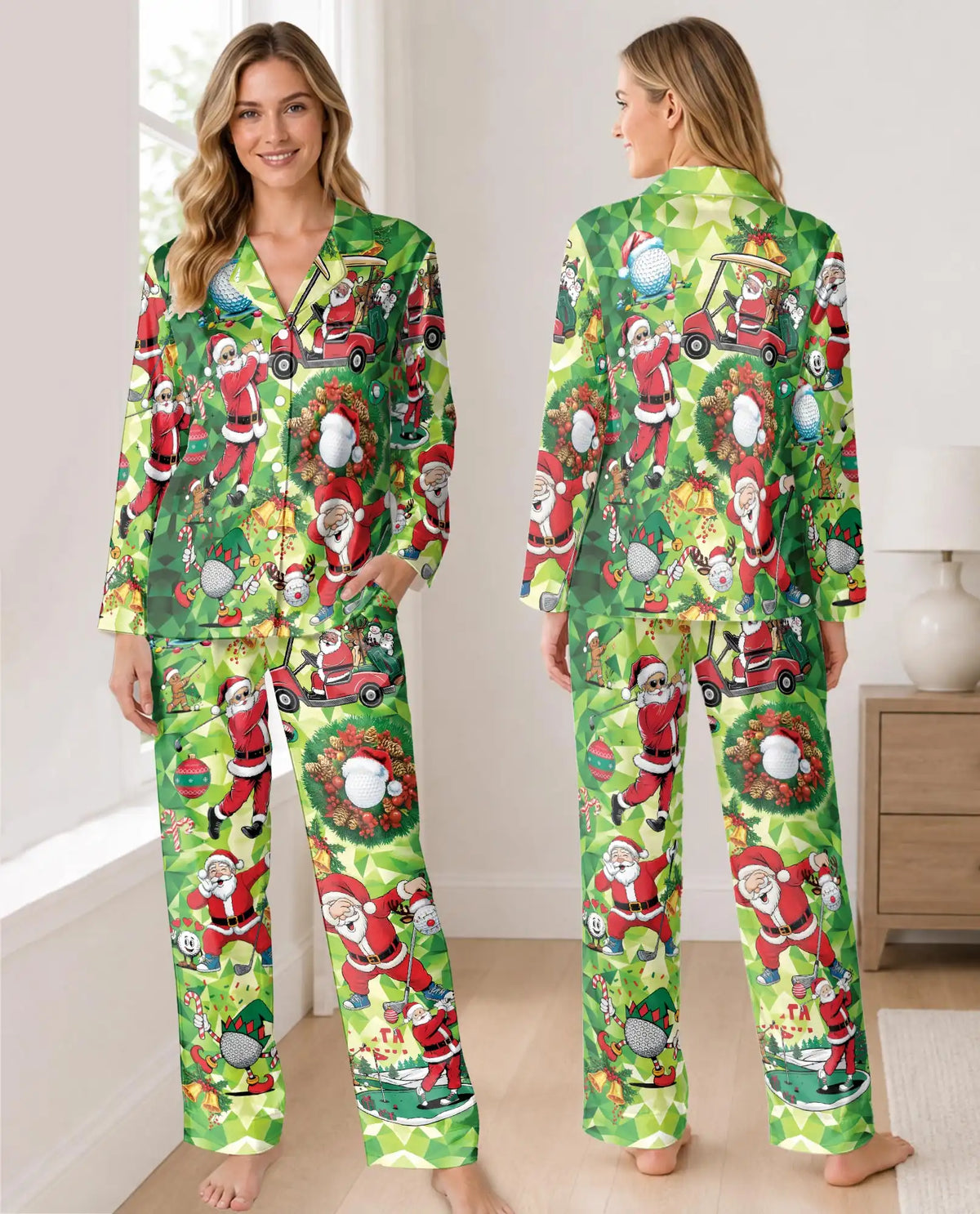 Christmas Golf Pajama Set for Women – Santa Golfer & Golf Cart Print