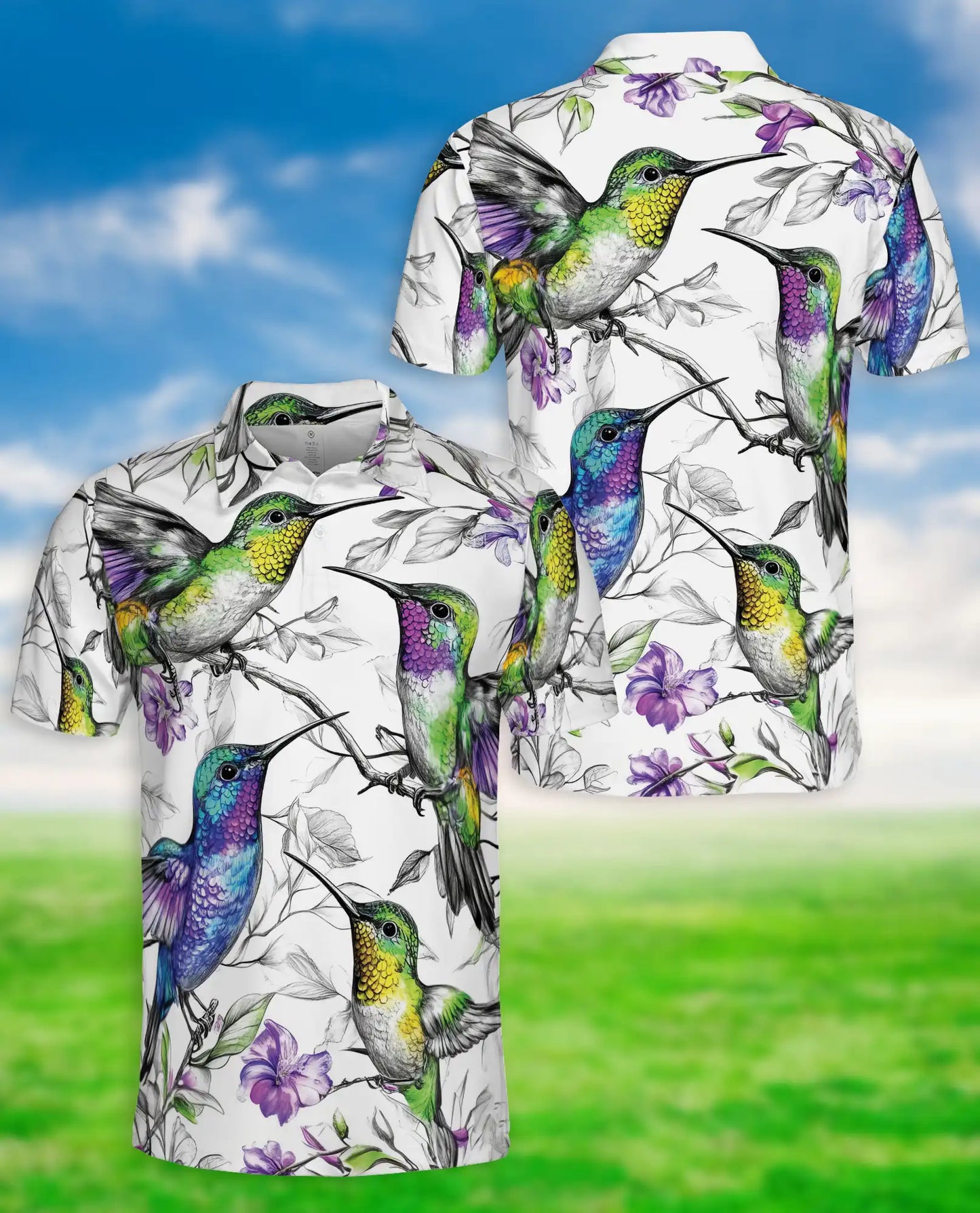 Colorful Hummingbird Floral 3D Polo Shirt for Men, Tropical Bird Nature Style | Azhawaiian