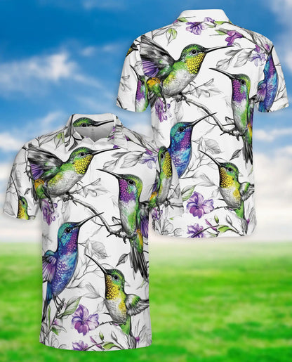 Colorful Hummingbird Floral 3D Polo Shirt for Men, Tropical Bird Nature Style | Azhawaiian