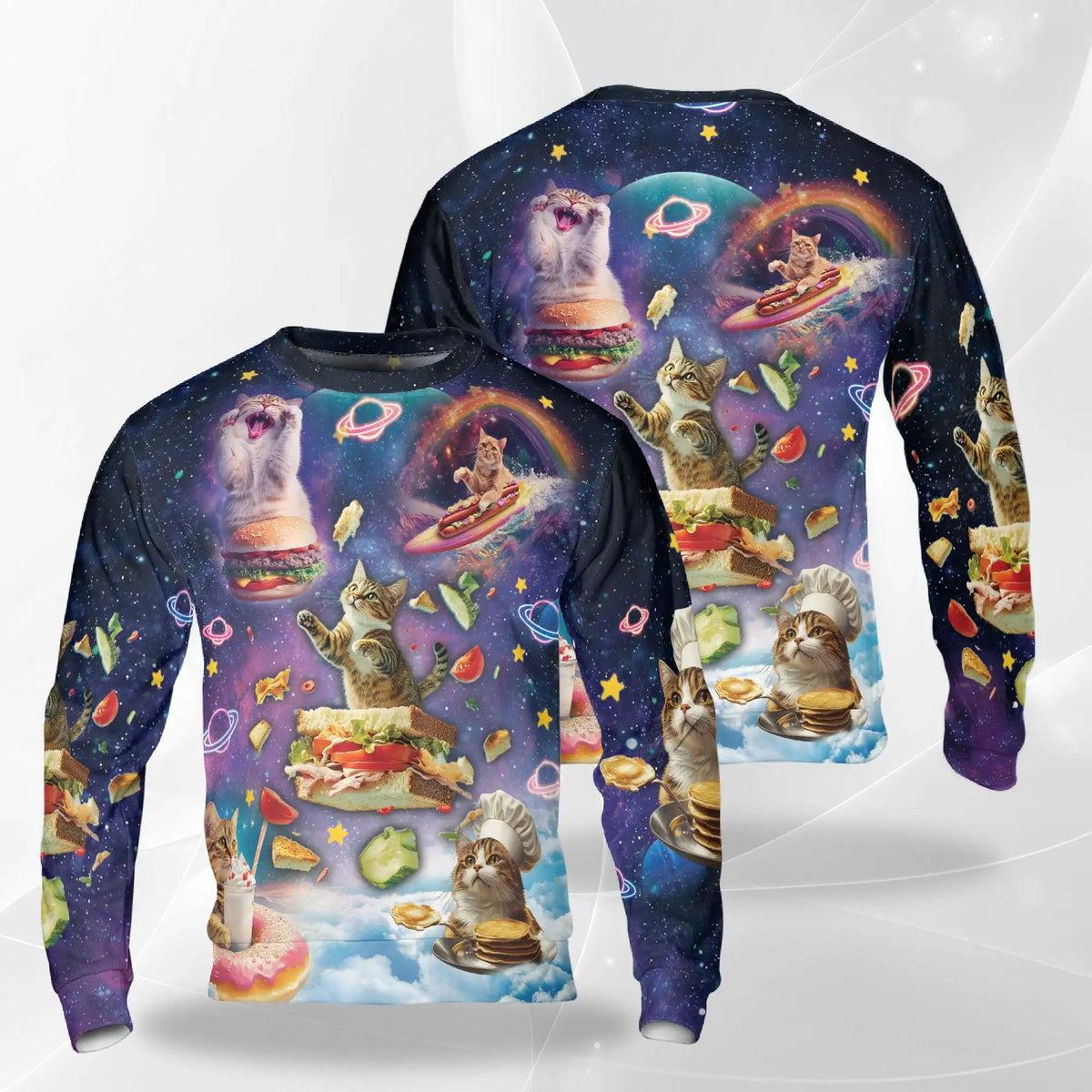 Space Cats Eating Food Sweatshirt – Colorful Graphic 3D All Over Print Design