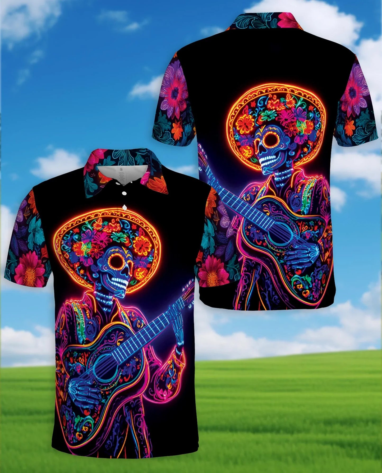 Day of the Dead Skeleton Guitar Polo Shirt for Men, Rock Skull Style | Azhawaiian