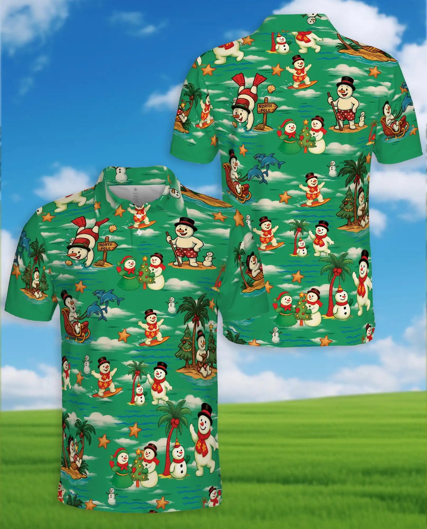 Tropical Snowman Christmas Polo Shirt - Beach Design | Azhawaiian