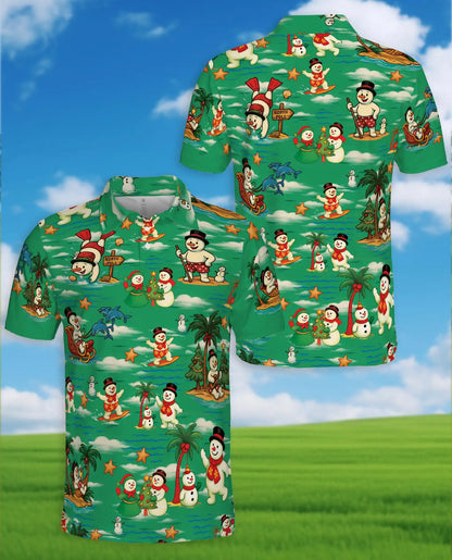 Tropical Snowman Christmas Polo Shirt - Beach Design | Azhawaiian