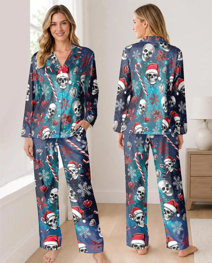 Gothic Christmas Skull Pajama Set for Women – Santa Hat Print
