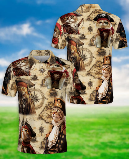 Pirate Cat 3D Polo Shirt for Men, Vintage Nautical Adventure Style | Azhawaiian