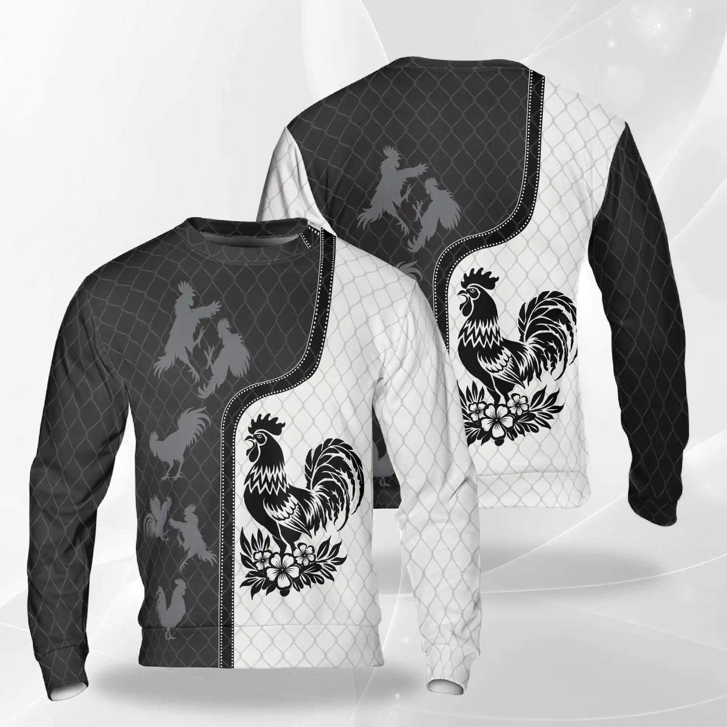 Monochrome Rooster Pattern Sweatshirt – Colorful Graphic 3D All Over Print Design
