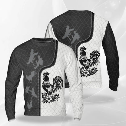 Monochrome Rooster Pattern Sweatshirt – Colorful Graphic 3D All Over Print Design
