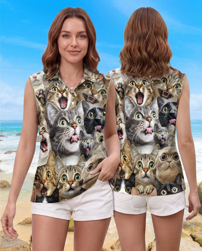 Funny Cat Pattern Sleeveless Polo Shirt for Women | Azhawaiian
