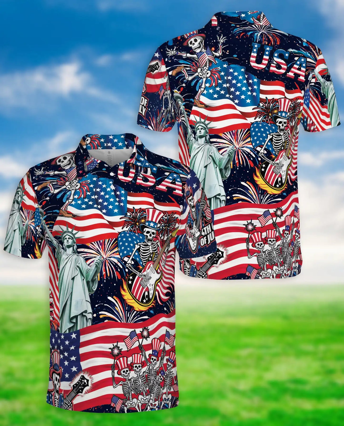 USA Skeleton Rock Band Patriotic 4th Of July Polo Shirt | Azhawaiian