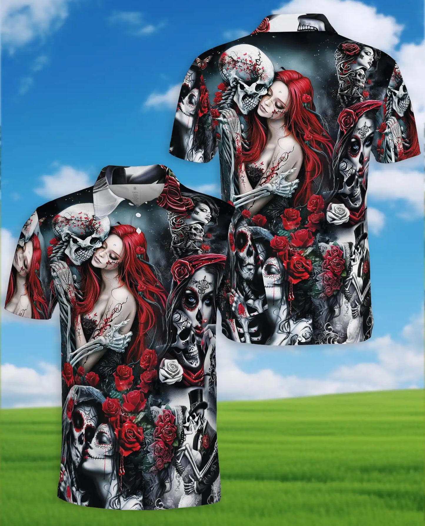 Day of the Dead Sugar Skull Polo Shirt for Men, Gothic Skeleton Roses | Azhawaiian