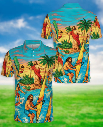 Jesus Surfing Tropical Beach 3D Polo Shirt for Men, Christian Summer Island Style | Azhawaiian