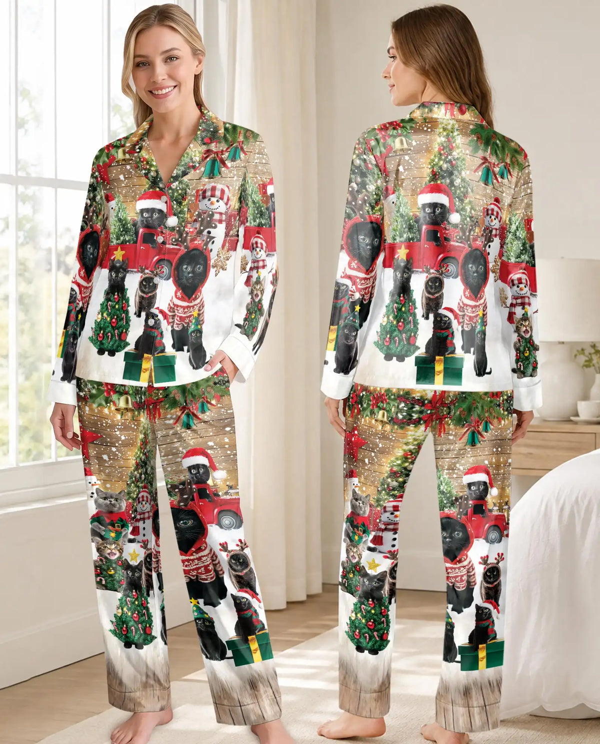 Black Cat Christmas Pajama Set for Women – Red Truck & Snowman Print