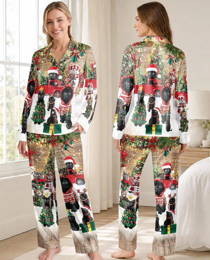 Black Cat Christmas Pajama Set for Women – Red Truck & Snowman Print