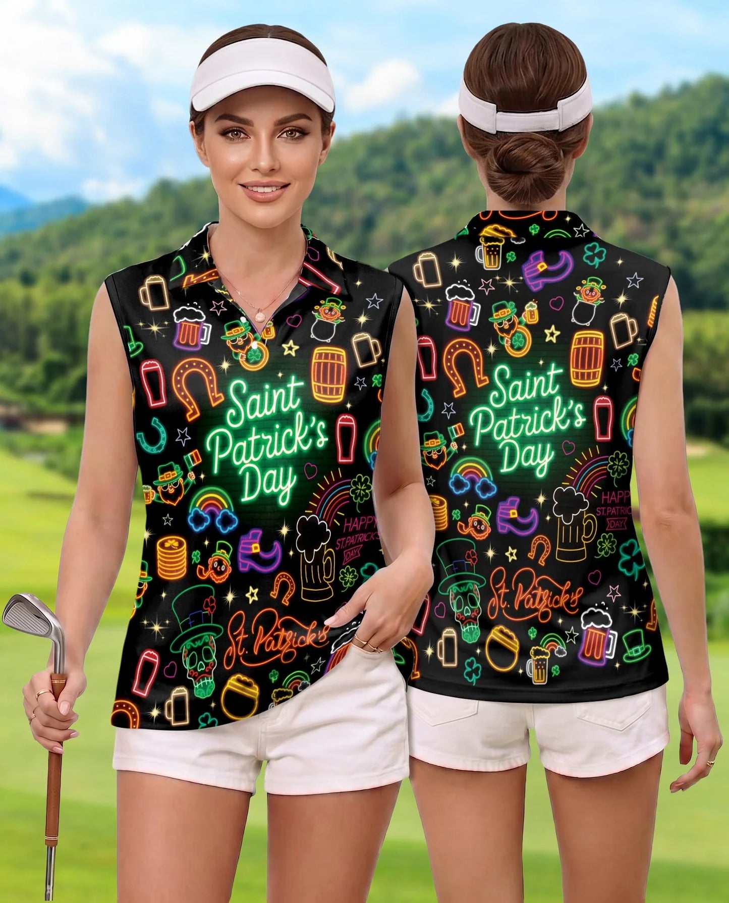Saint Patrick's Day Neon Sleeveless Polo Shirt for Women | Azhawaiian