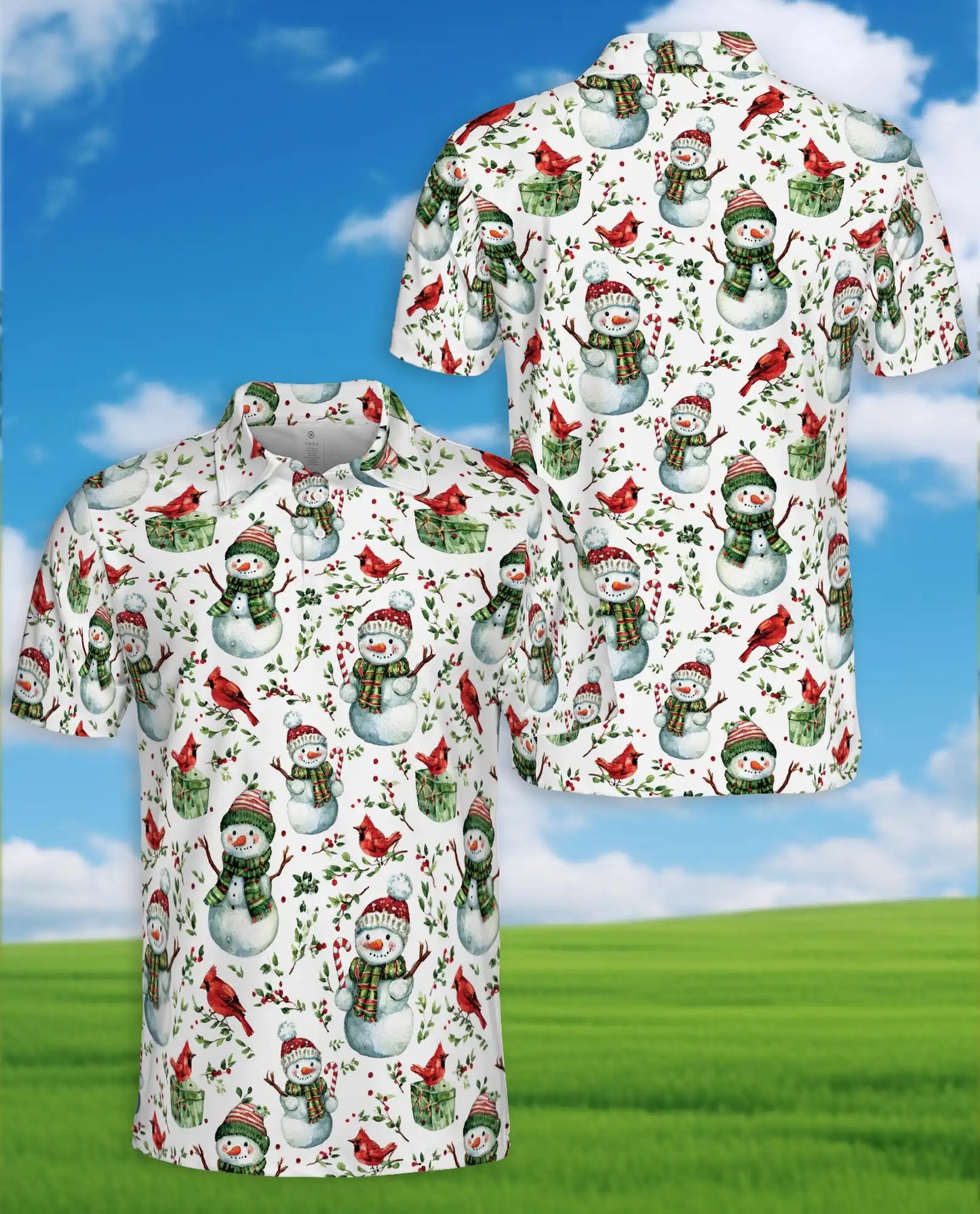 Christmas Snowman Polo Shirt, Cardinal Bird Holiday Print | Azhawaiian