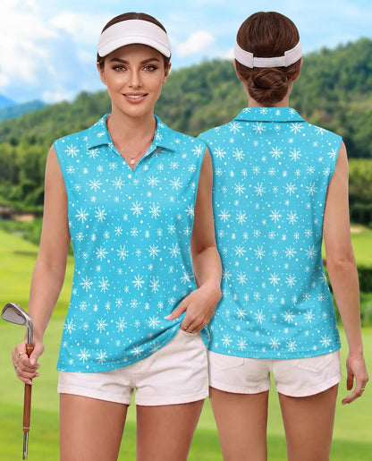 Snowflake Print Sleeveless Polo Shirt for Women | Azhawaiian