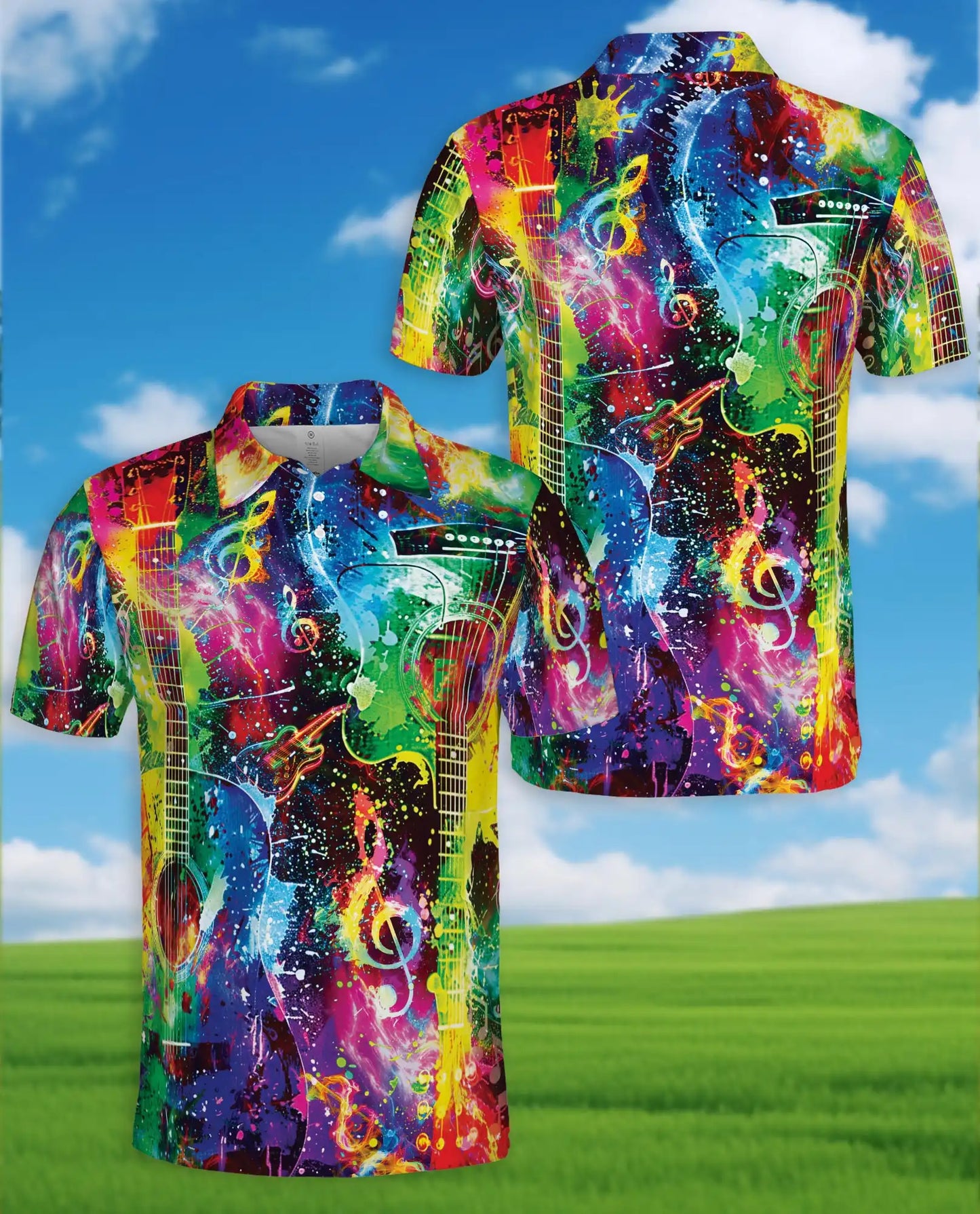 Colorful Guitar Polo Shirt, Music Lover Art Style | Azhawaiian
