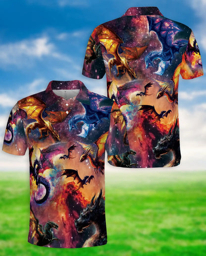 Cosmic Fantasy Dragon 3D Polo Shirt for Men, Galaxy Mythical Creature Style | Azhawaiian