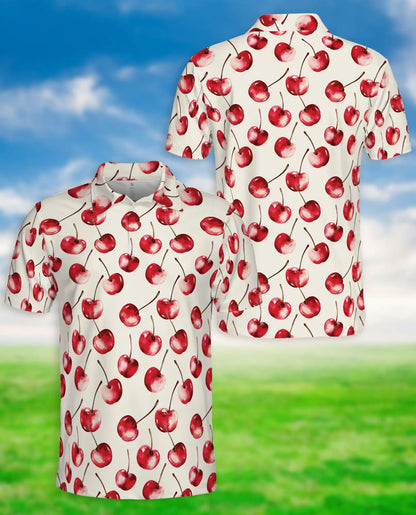 Cherry Print Polo Shirt, Cute Fruit Summer Style | Azhawaiian
