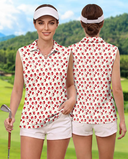 Cherry Pattern Sleeveless Polo Shirt for Women | Azhawaiian