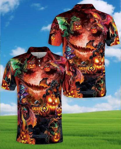 Halloween Dragon Polo Shirt for Men, Spooky Pumpkin Fire Style | Azhawaiian