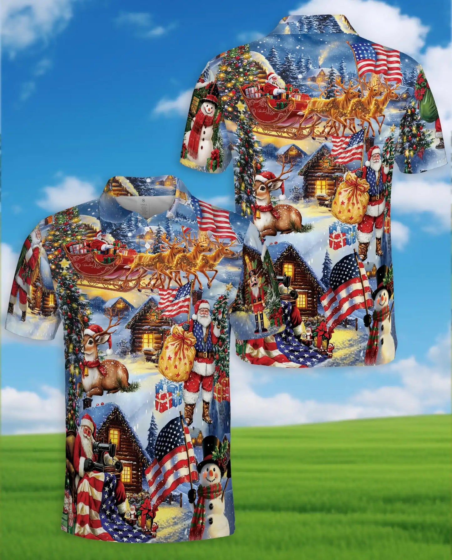 Patriotic Christmas Santa 3D Polo Shirt for Men, USA Holiday Winter Style | Azhawaiian