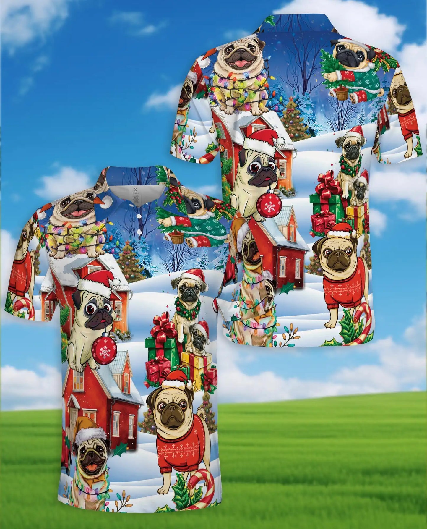 Christmas Pug 3D Polo Shirt for Men, Funny Holiday Dog Style | Azhawaiian