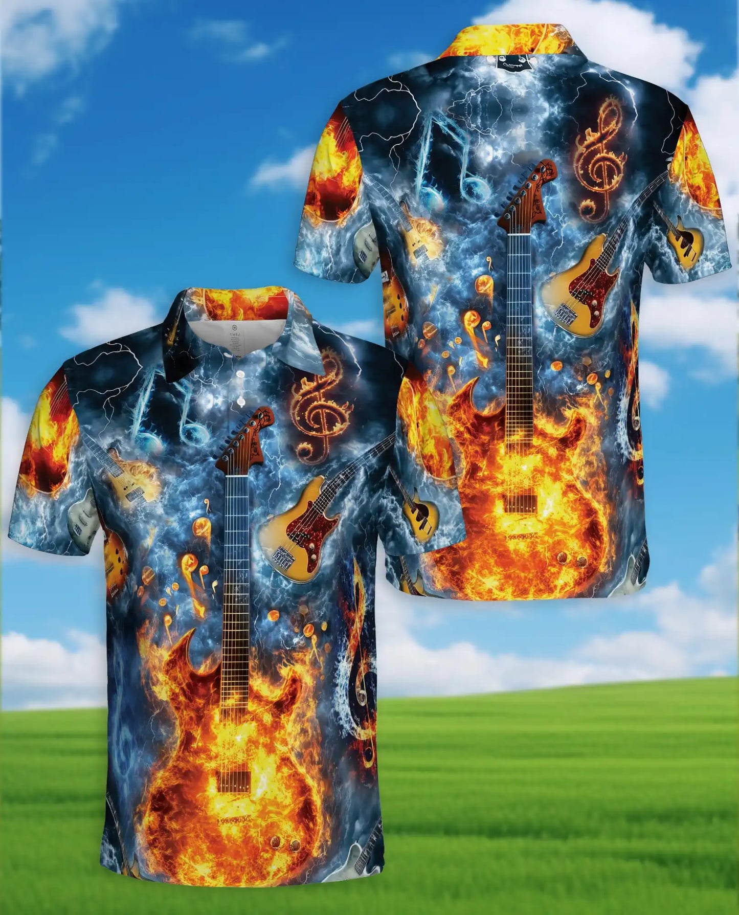 Flaming Electric Guitar Polo Shirt for Men - Rock Music Fire Guitar | Azhawaiian