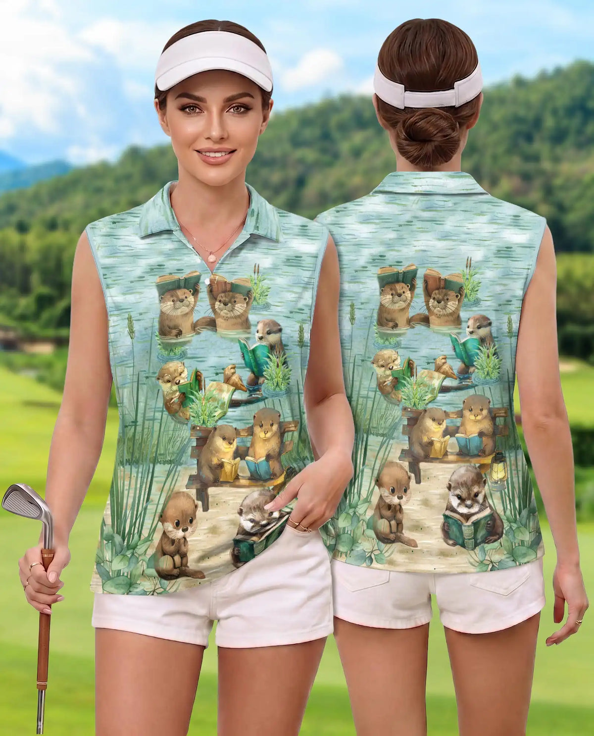 Cute Otter Reading Book Sleeveless Polo Shirt for Women, Animal Lover Style