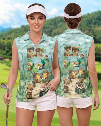 Cute Otter Reading Book Sleeveless Polo Shirt for Women, Animal Lover Style