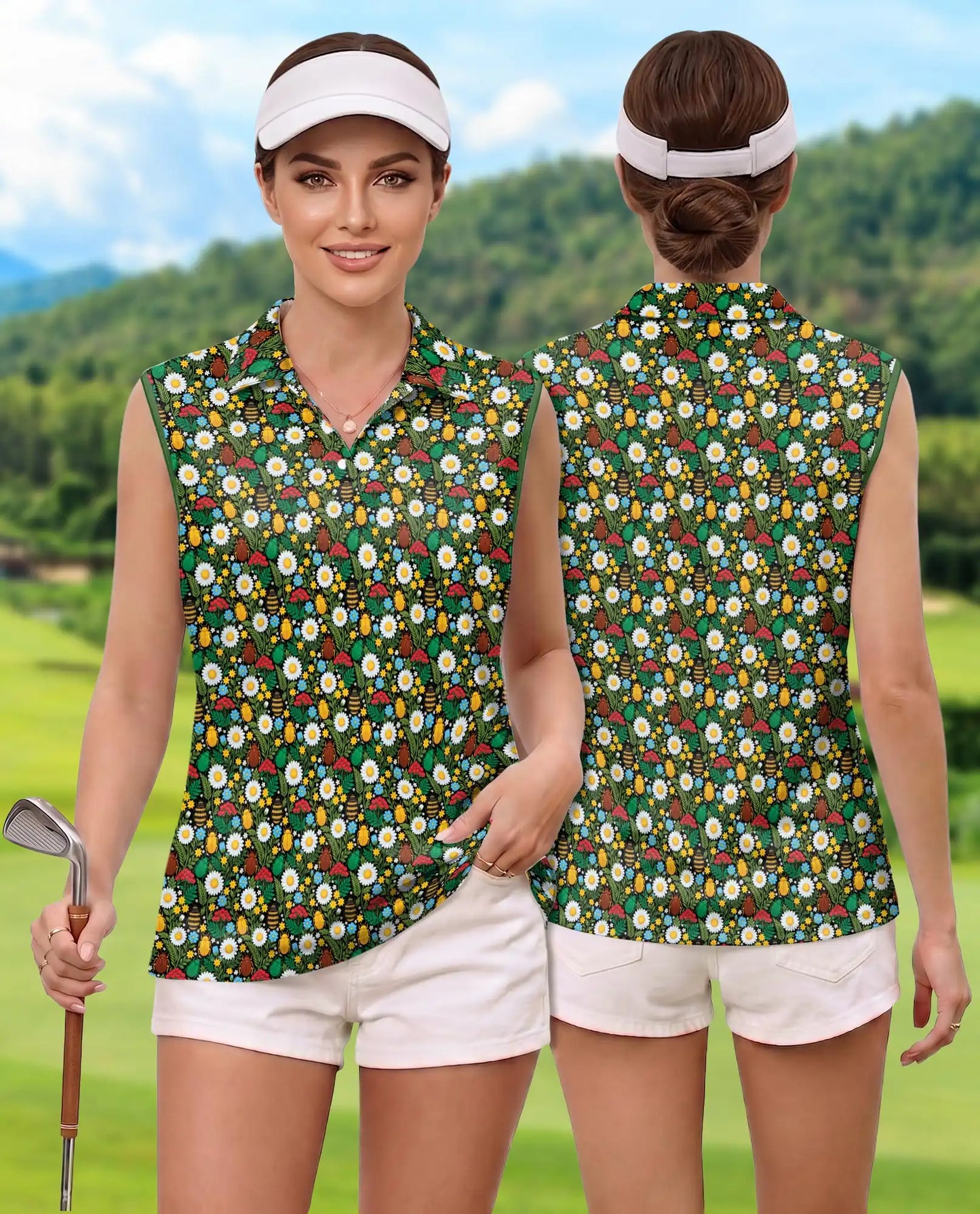 Daisy And Honey Bee Print Sleeveless Polo Shirt for Women | Azhawaiian