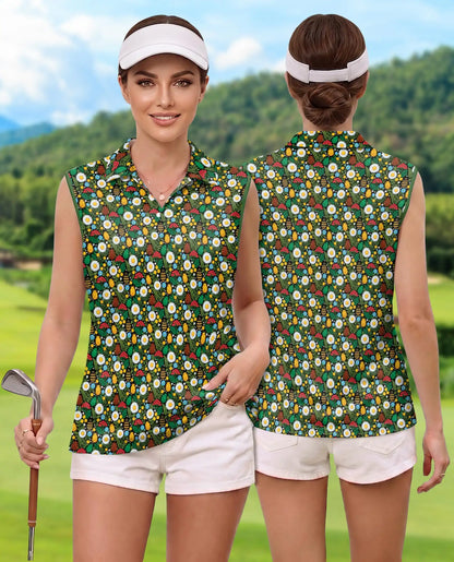 Daisy And Honey Bee Print Sleeveless Polo Shirt for Women | Azhawaiian