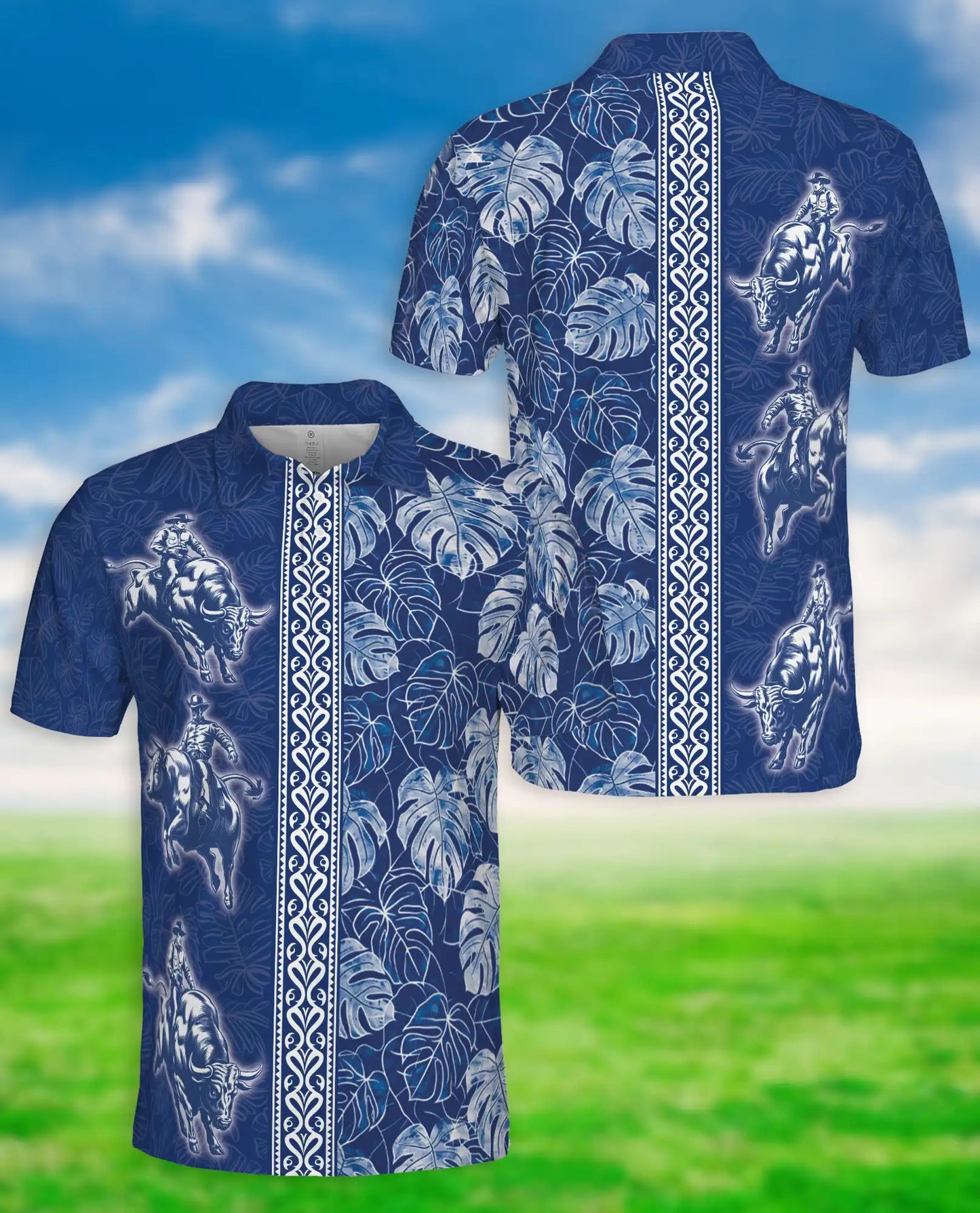Blue Rodeo Cowboy Hawaiian Polo Shirt | Western Bull Rider Shirt | Azhawaiian