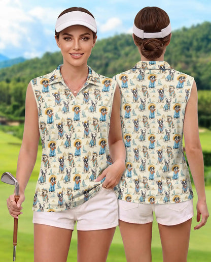 Cowboy French Bulldogs Sleeveless Polo Shirt for Women | Azhawaiian