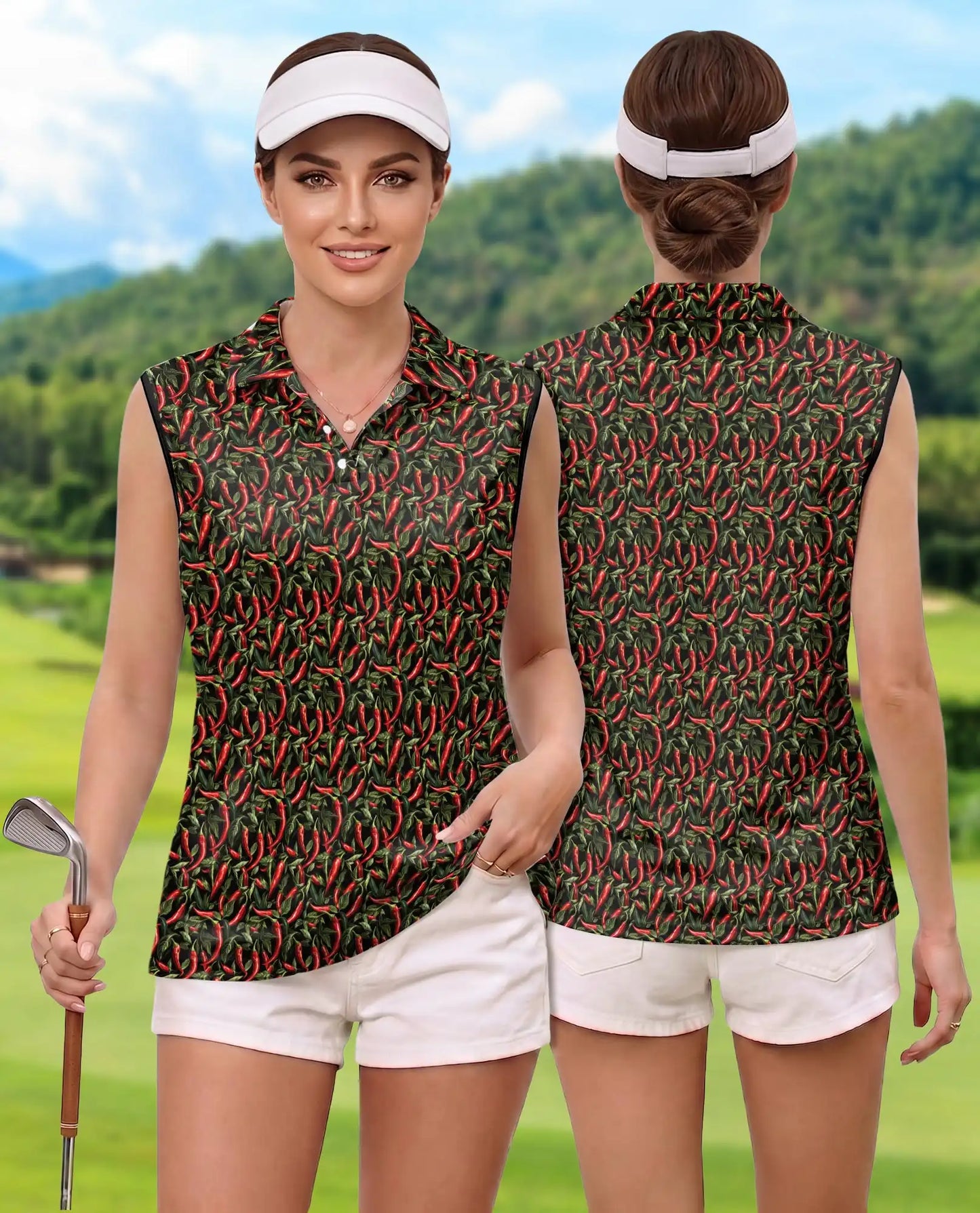 Chilli Pepper Pattern Sleeveless Polo Shirt for Women, Spicy Food Lover Style | Azhawaiian