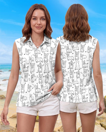 Corgi Pattern Sleeveless Polo Shirt for Women | Azhawaiian