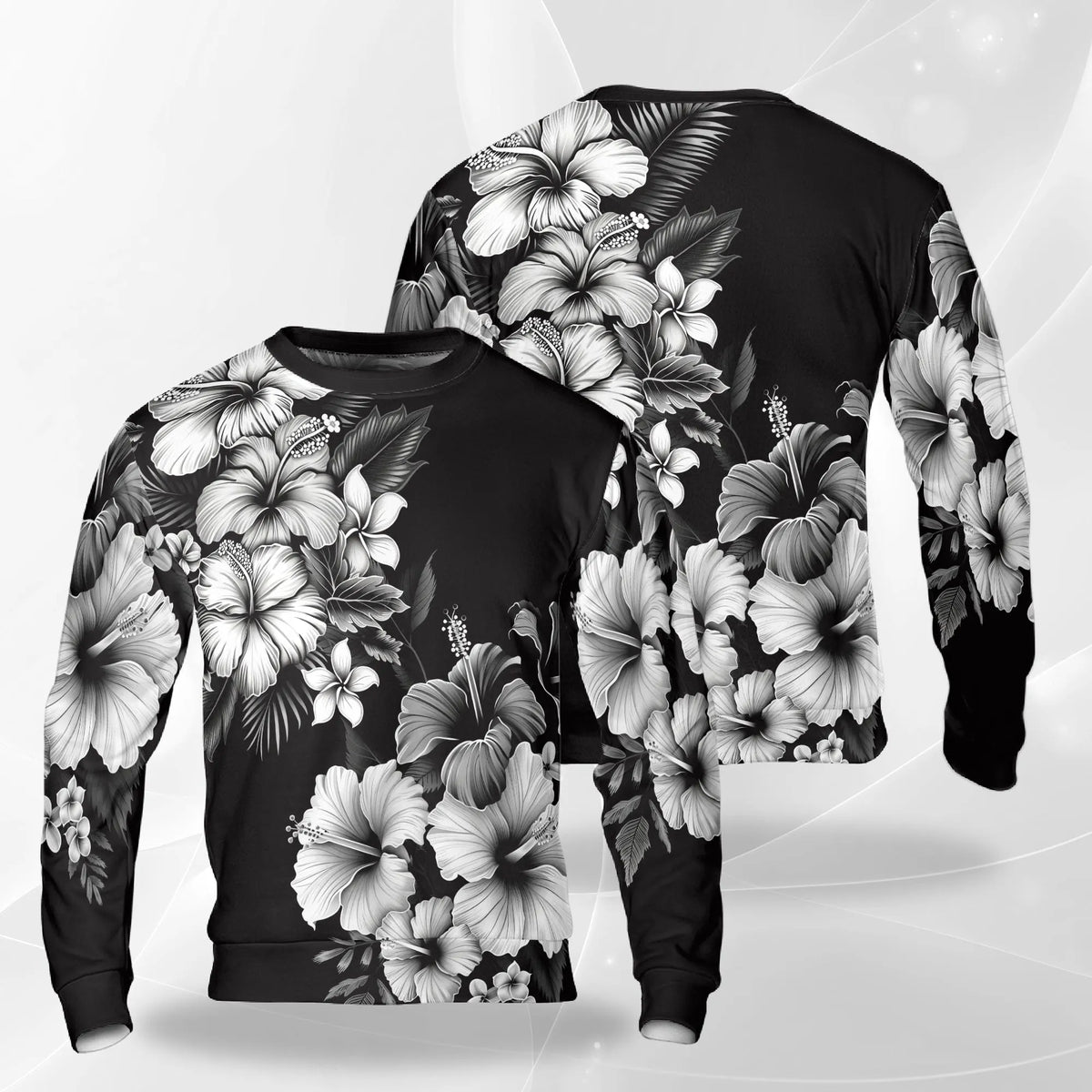 Black and White Hibiscus Polynesian Sweatshirt – Tropical 3D All Over Print Design