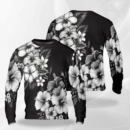 Black and White Hibiscus Polynesian Sweatshirt – Tropical 3D All Over Print Design