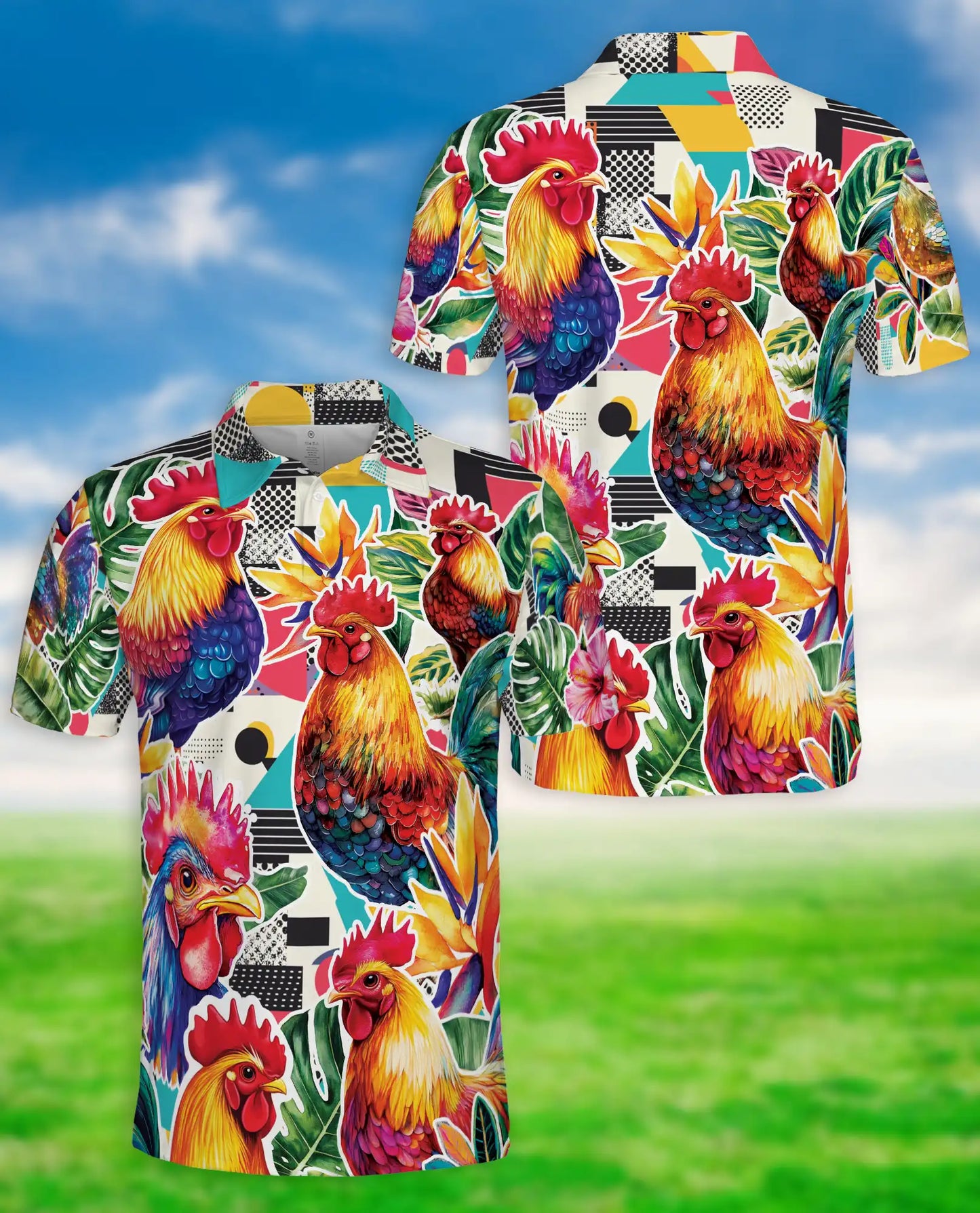 Rooster Tropical Polo Shirt, Colorful Farm Print | Azhawaiian