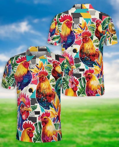 Rooster Tropical Polo Shirt, Colorful Farm Print | Azhawaiian